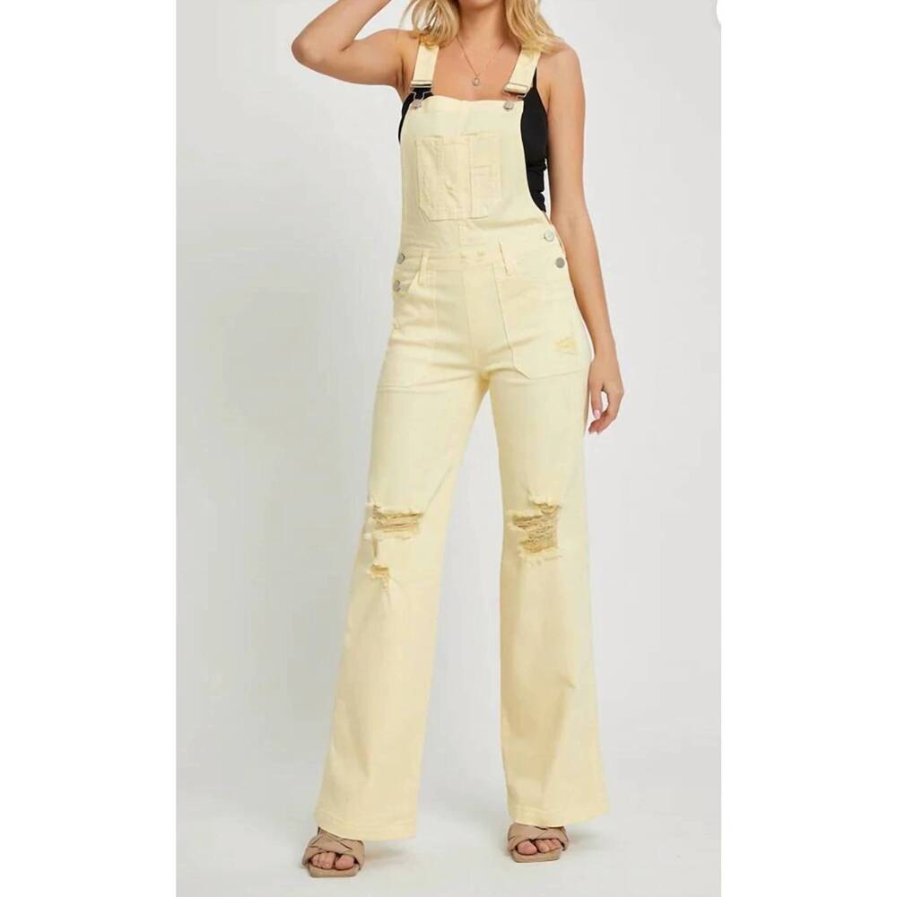 NEW RISEN distressed denim wide leg overalls in soft yellow